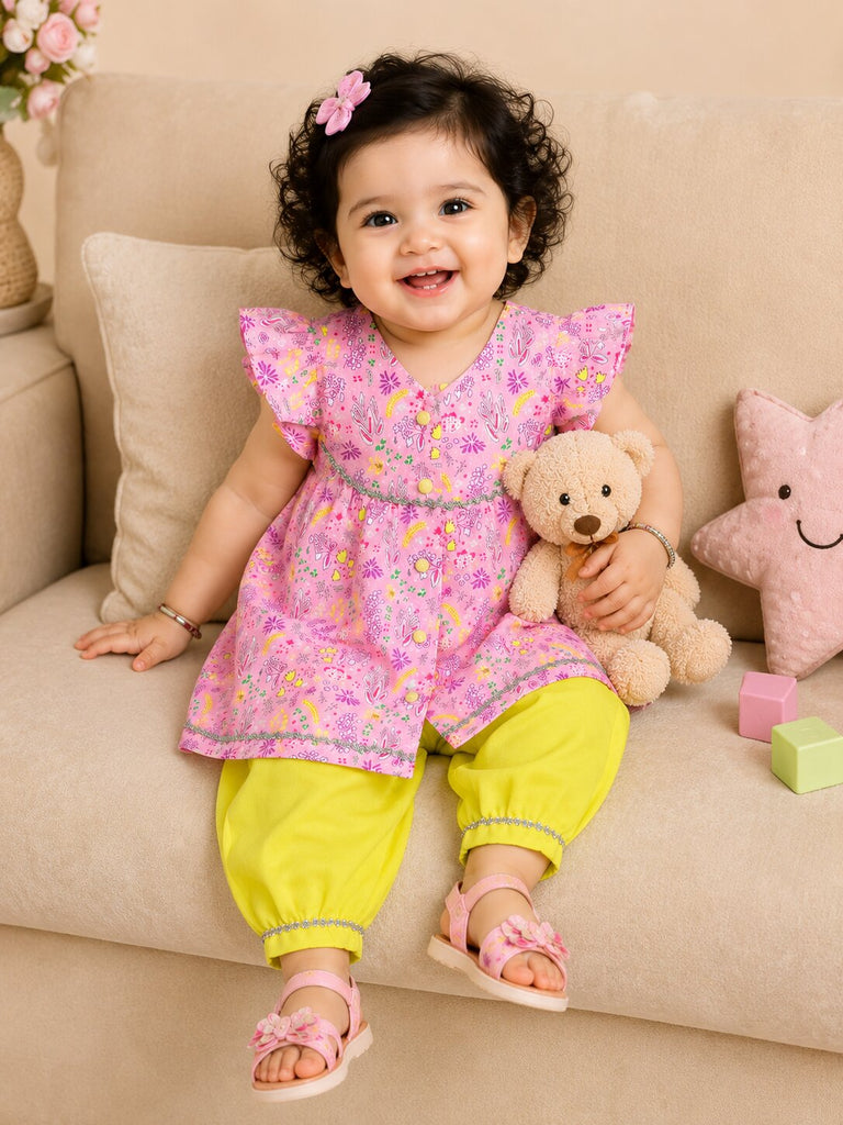 Pspeaches Baby Girl Pink & Yellow Ethnic Floral Print Cotton A-Line Kurta With Pant