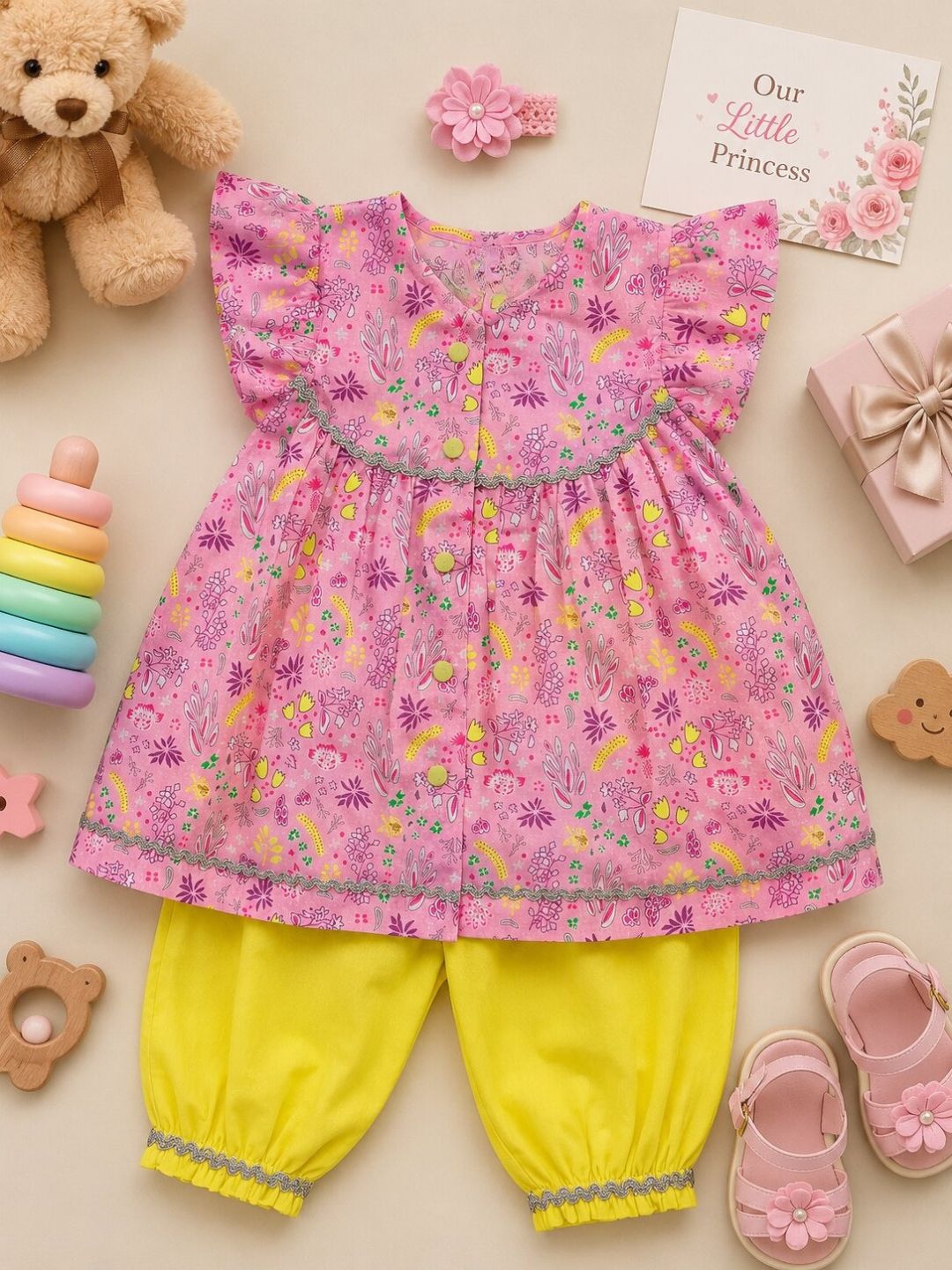 Pspeaches Baby Girl Pink & Yellow Ethnic Floral Print Cotton A-Line Kurta With Pant