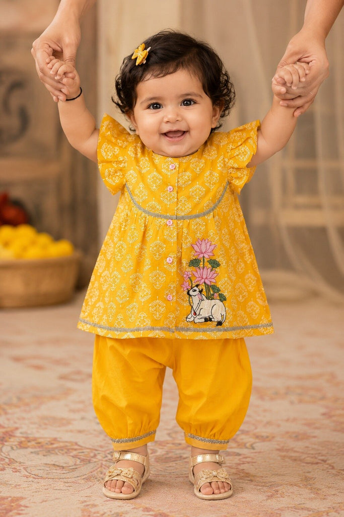 Pspeaches Baby Girl Yellow Ethnic Printed Cotton A-Line Kurta With Pant