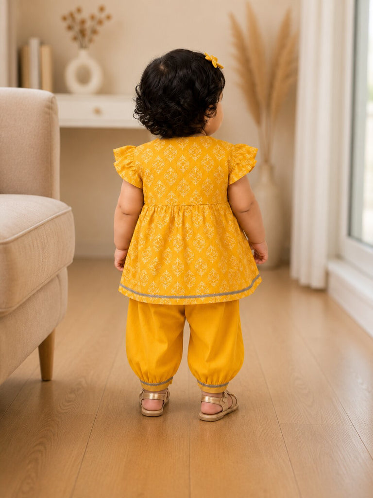 Pspeaches Baby Girl Yellow Ethnic Printed Cotton A-Line Kurta With Pant