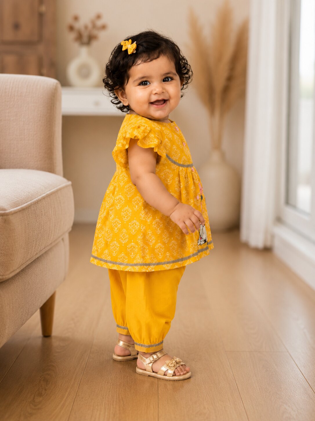 Pspeaches Baby Girl Yellow Ethnic Printed Cotton A-Line Kurta With Pant