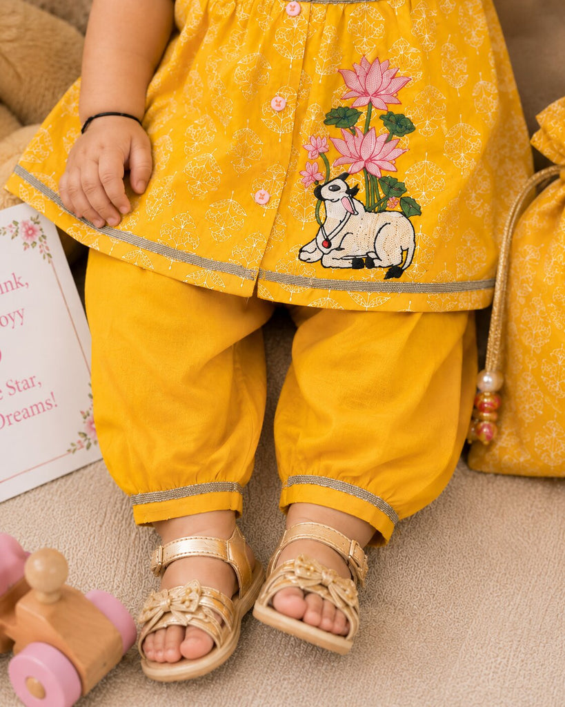 Pspeaches Baby Girl Yellow Ethnic Printed Cotton A-Line Kurta With Pant