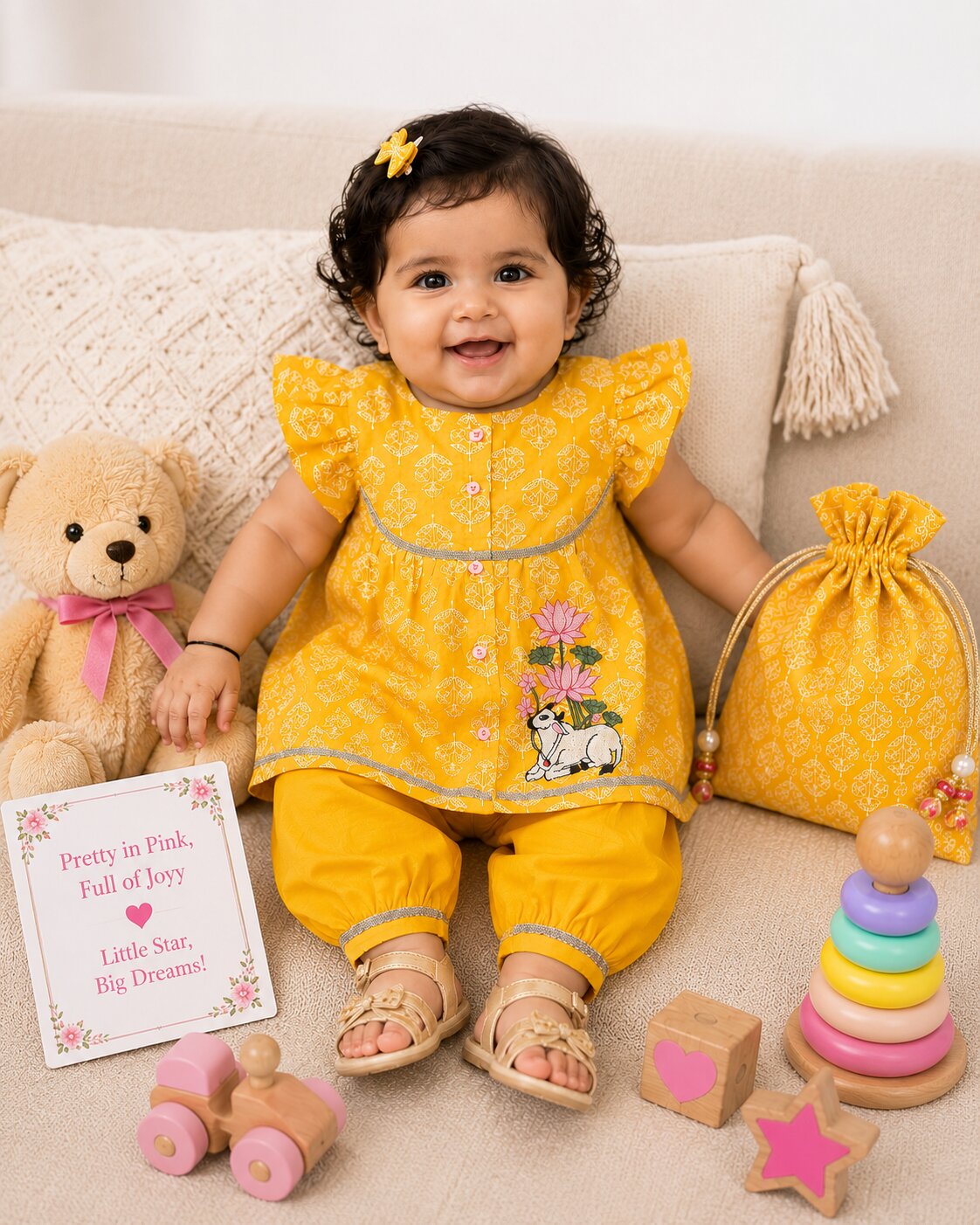 Pspeaches Baby Girl Yellow Ethnic Printed Cotton A-Line Kurta With Pant