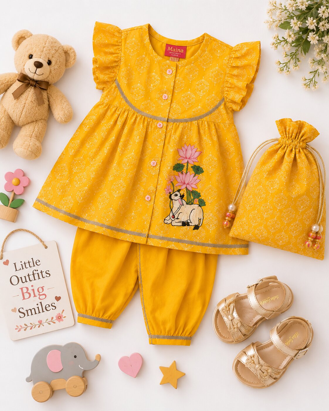 Pspeaches Baby Girl Yellow Ethnic Printed Cotton A-Line Kurta With Pant