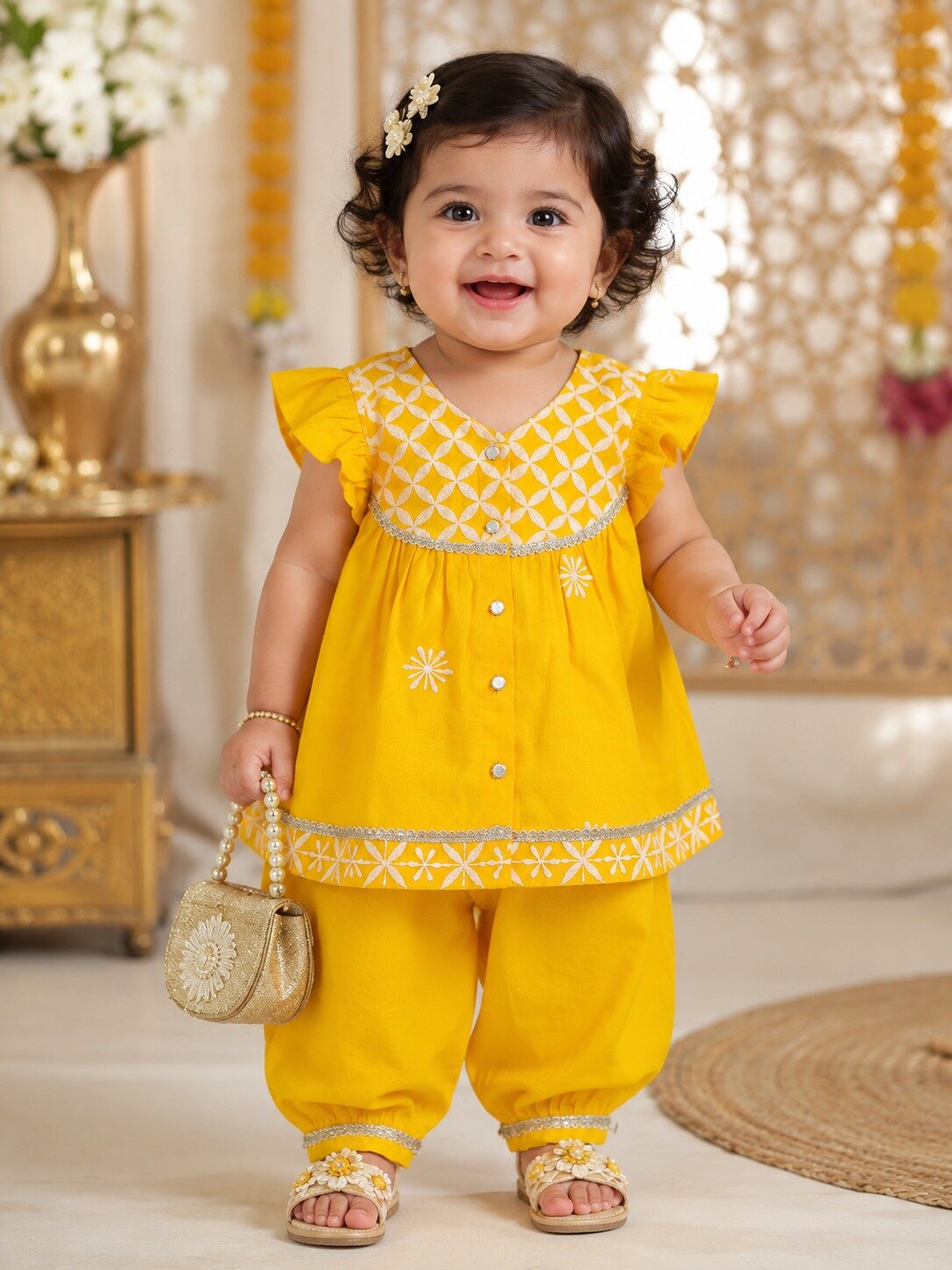 Pspeaches Baby Girl Yellow Ethnic Solid Rayon Asymmetric Kurta With Pant