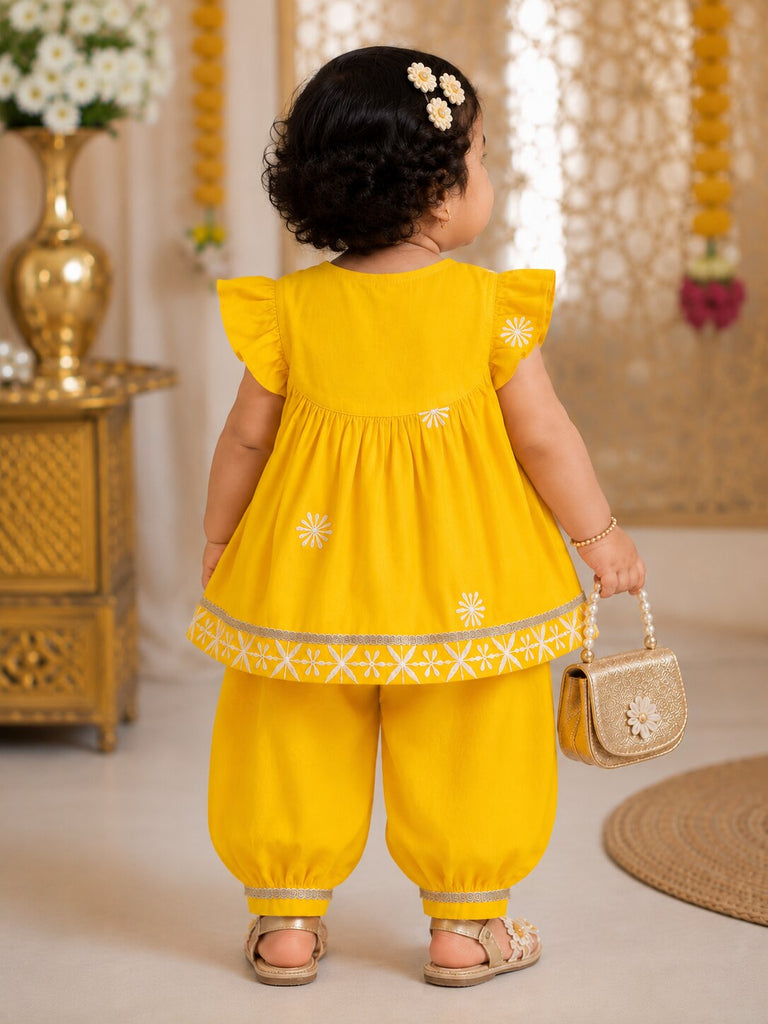 Pspeaches Baby Girl Yellow Ethnic Solid Rayon Asymmetric Kurta With Pant