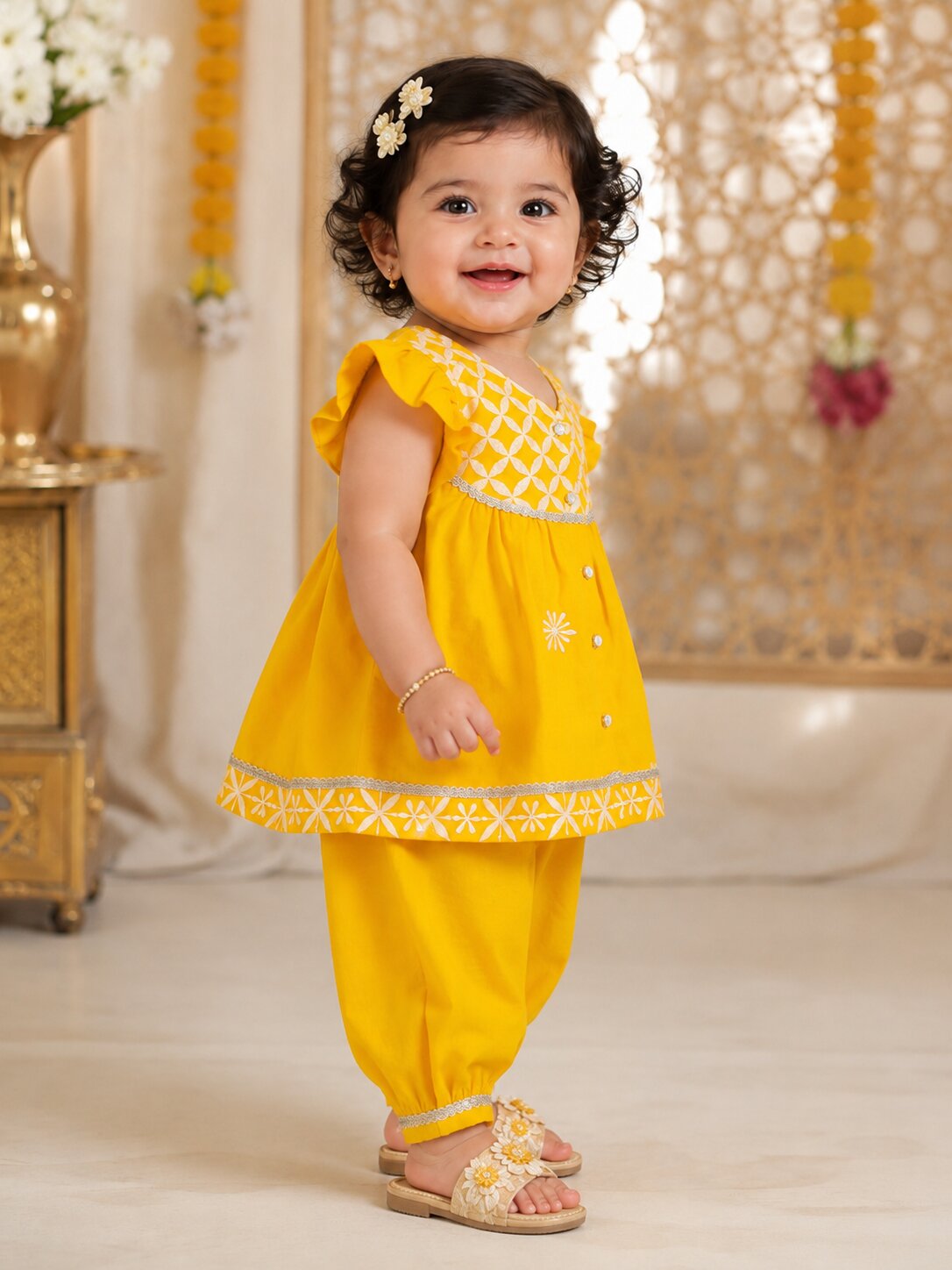 Pspeaches Baby Girl Yellow Ethnic Solid Rayon Asymmetric Kurta With Pant