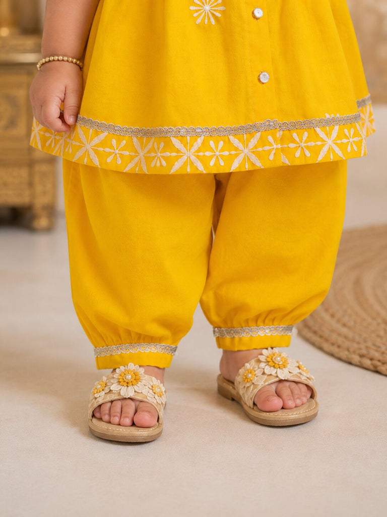 Pspeaches Baby Girl Yellow Ethnic Solid Rayon Asymmetric Kurta With Pant