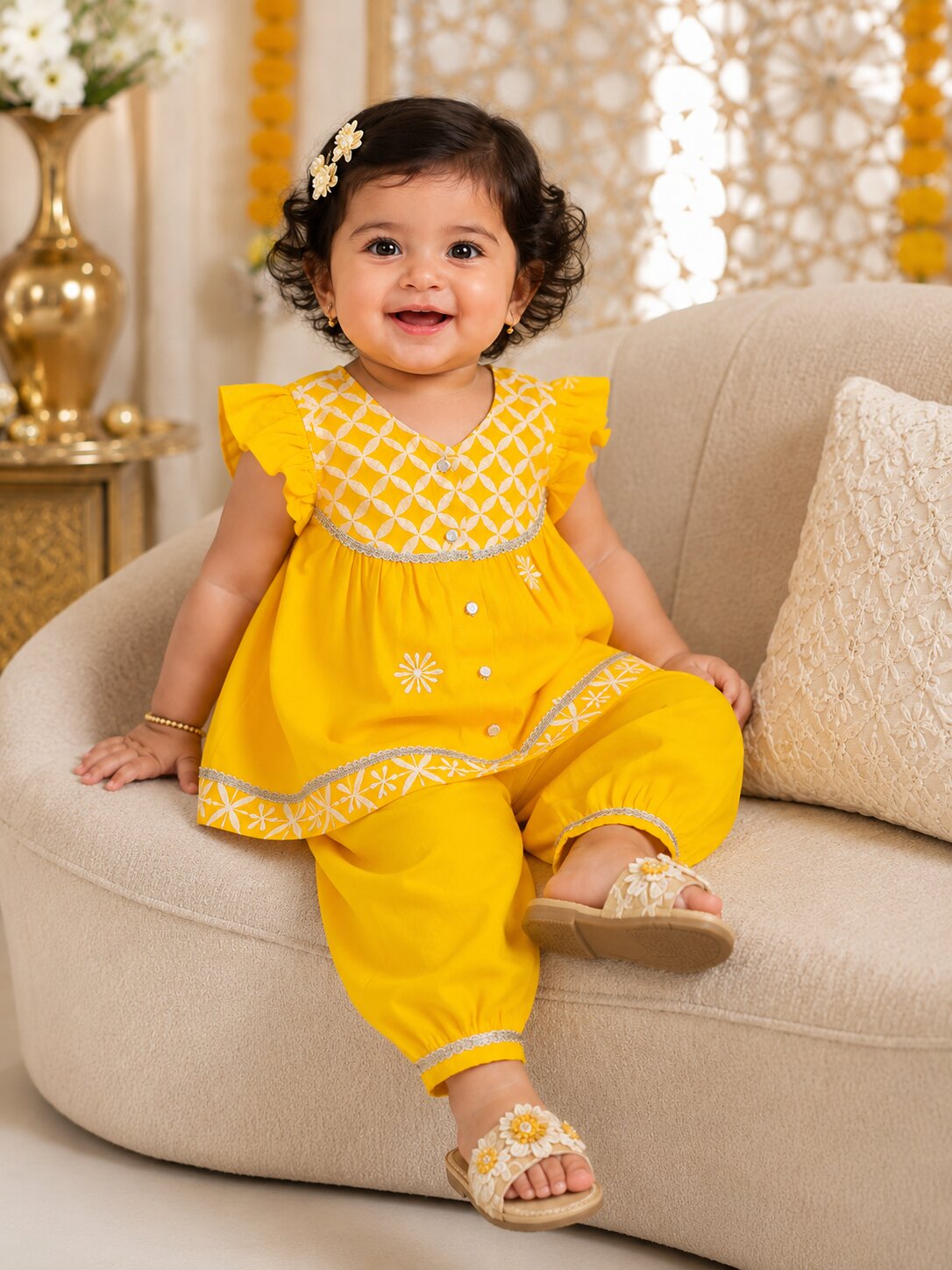 Pspeaches Baby Girl Yellow Ethnic Solid Rayon Asymmetric Kurta With Pant