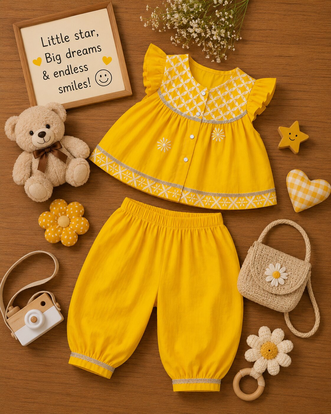 Pspeaches Baby Girl Yellow Ethnic Solid Rayon Asymmetric Kurta With Pant