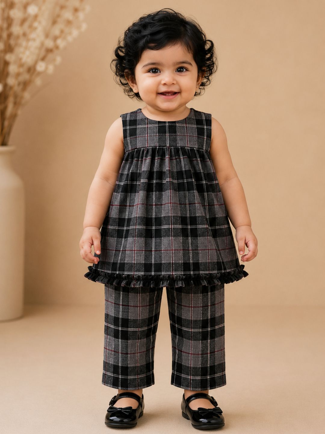 Pspeaches Baby Girl Grey & Black Ethnic Printed Cotton Peplum Set Top With Pant Set
