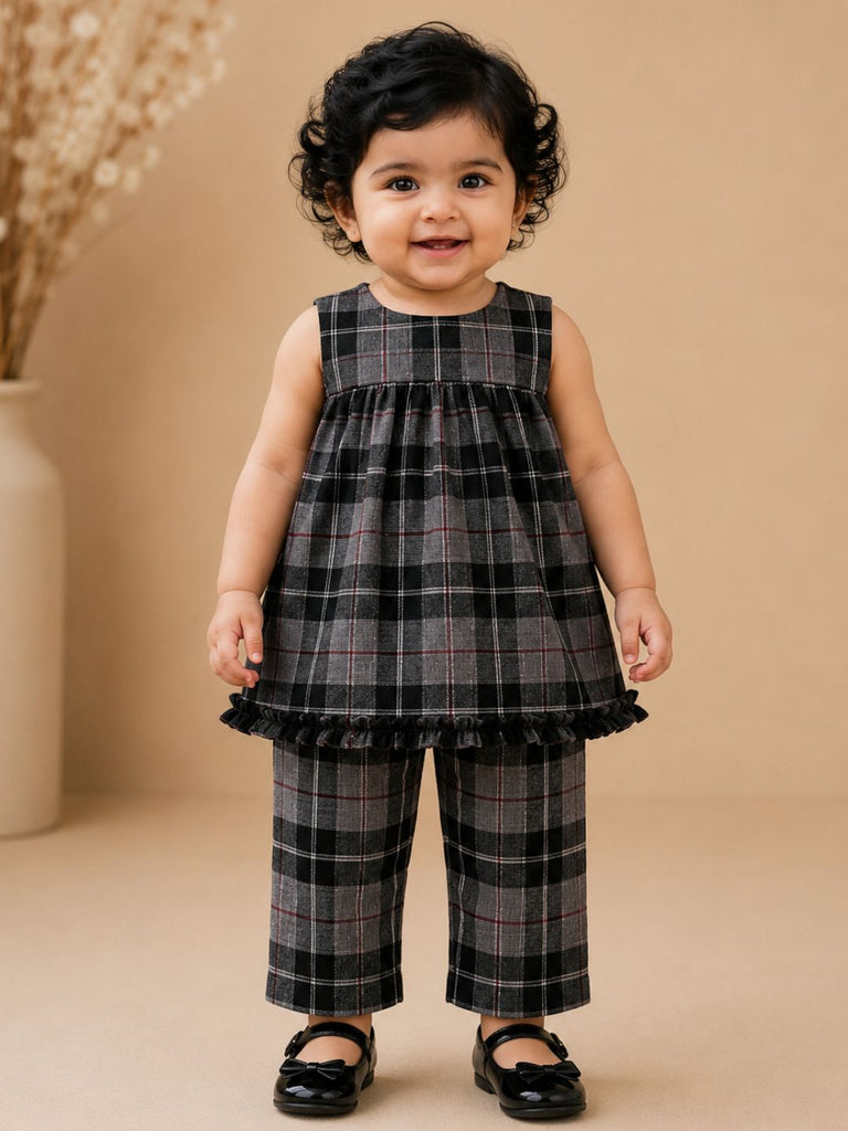 Pspeaches Baby Girl Grey & Black Ethnic Printed Cotton Peplum Set Top With Pant Set