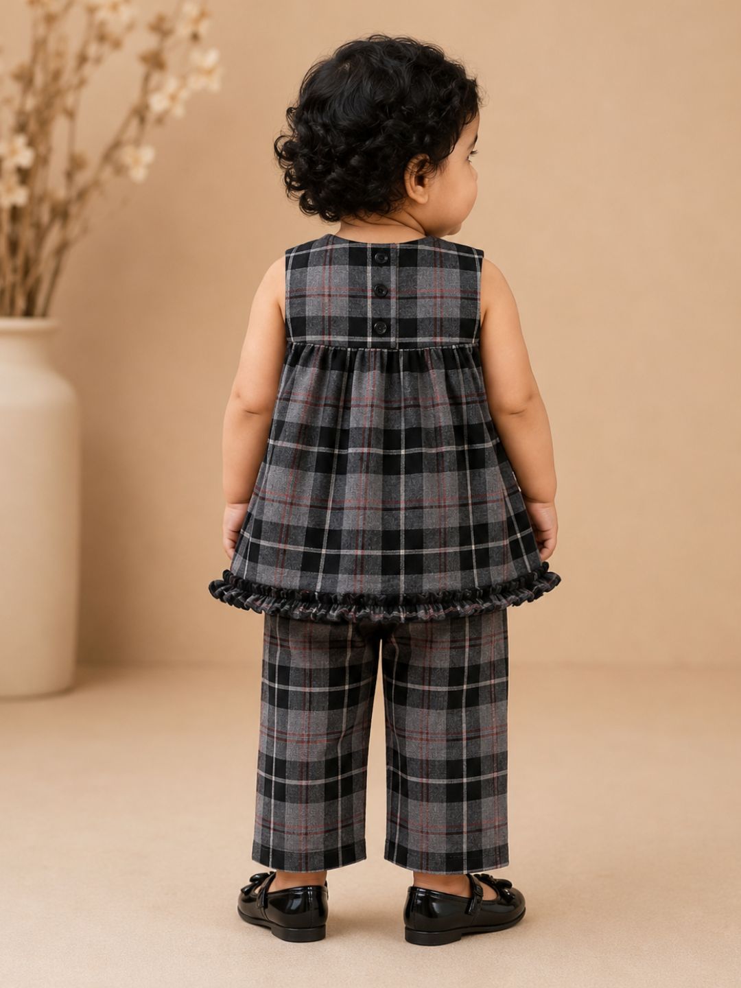 Pspeaches Baby Girl Grey & Black Ethnic Printed Cotton Peplum Set Top With Pant Set