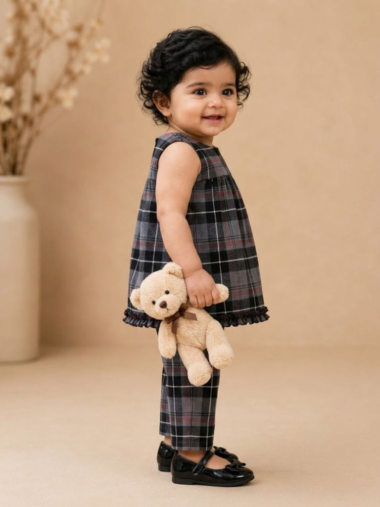Pspeaches Baby Girl Grey & Black Ethnic Printed Cotton Peplum Set Top With Pant Set