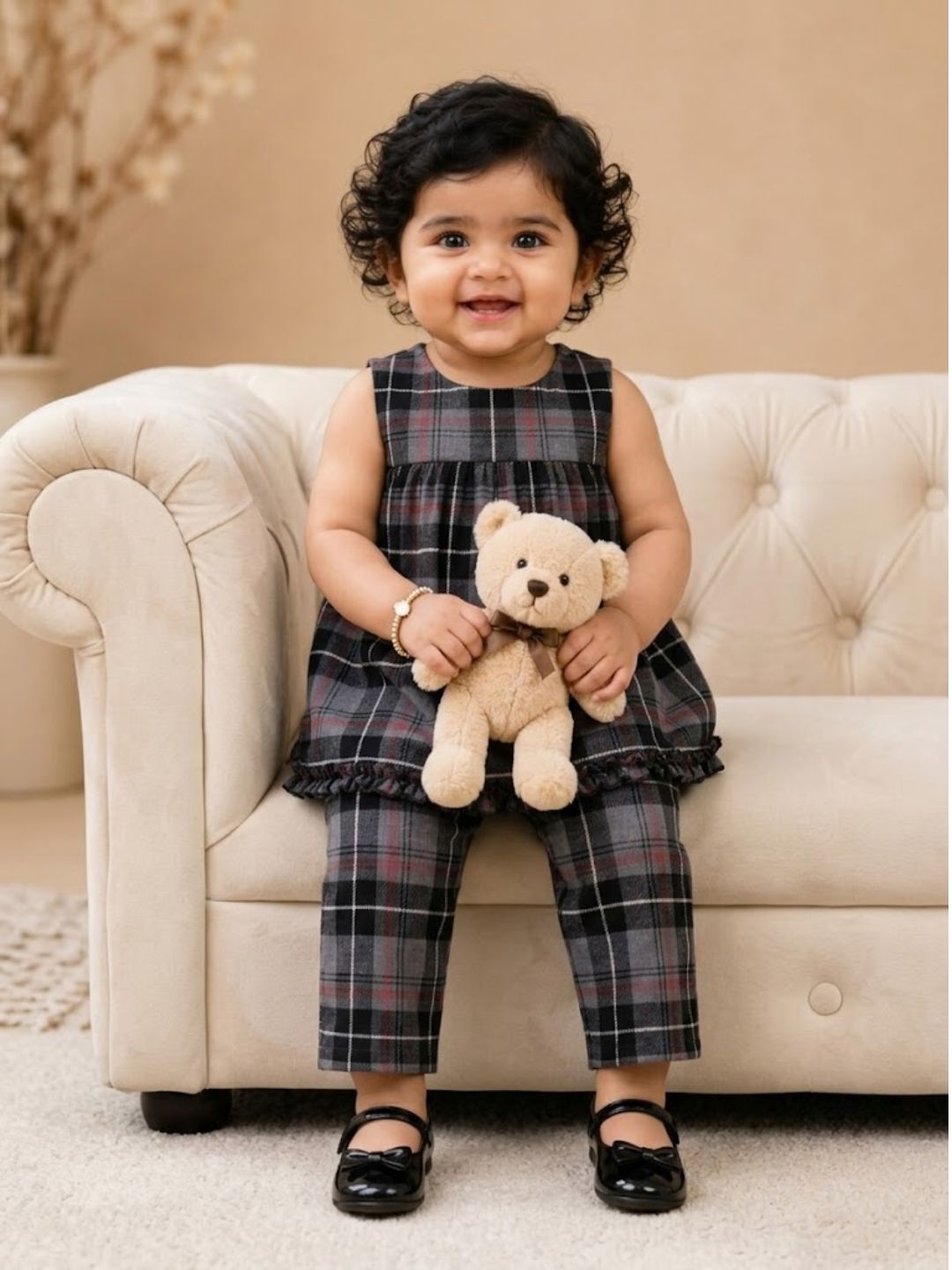 Pspeaches Baby Girl Grey & Black Ethnic Printed Cotton Peplum Set Top With Pant Set
