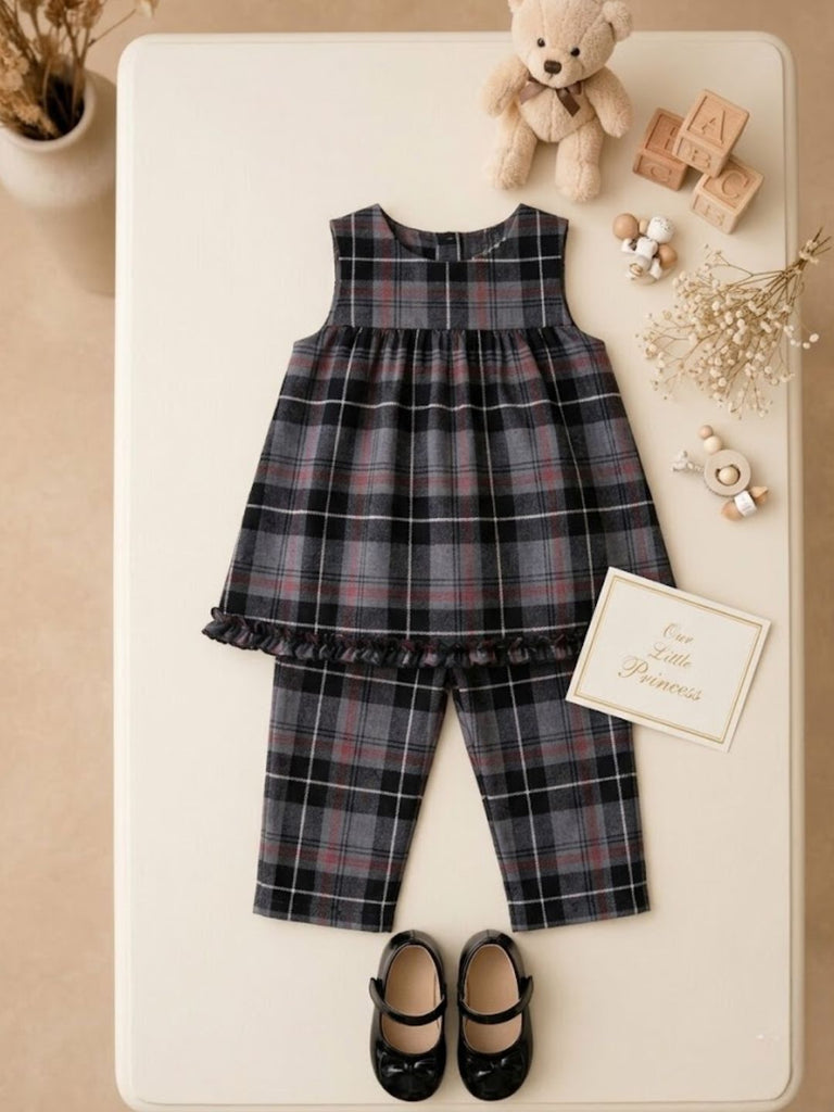 Pspeaches Baby Girl Grey & Black Ethnic Printed Cotton Peplum Set Top With Pant Set