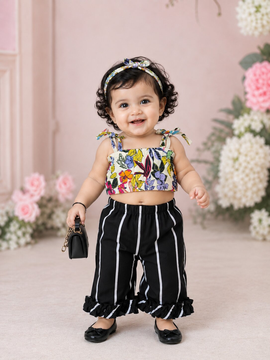 Pspeaches Baby Girl White & Black Ethnic Floral Print Rayon Crop Top With Pant Set