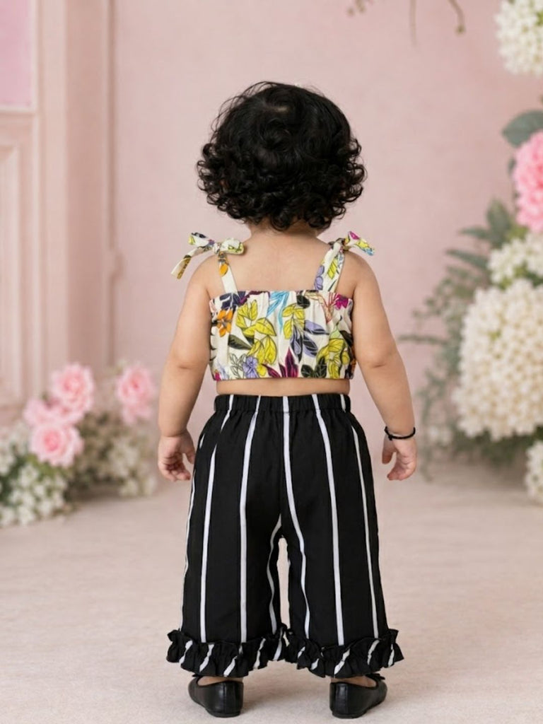 Pspeaches Baby Girl White & Black Ethnic Floral Print Rayon Crop Top With Pant Set