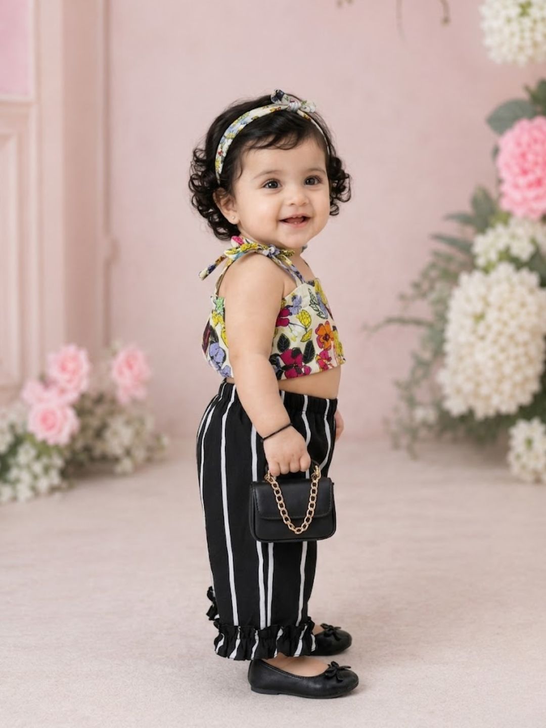 Pspeaches Baby Girl White & Black Ethnic Floral Print Rayon Crop Top With Pant Set