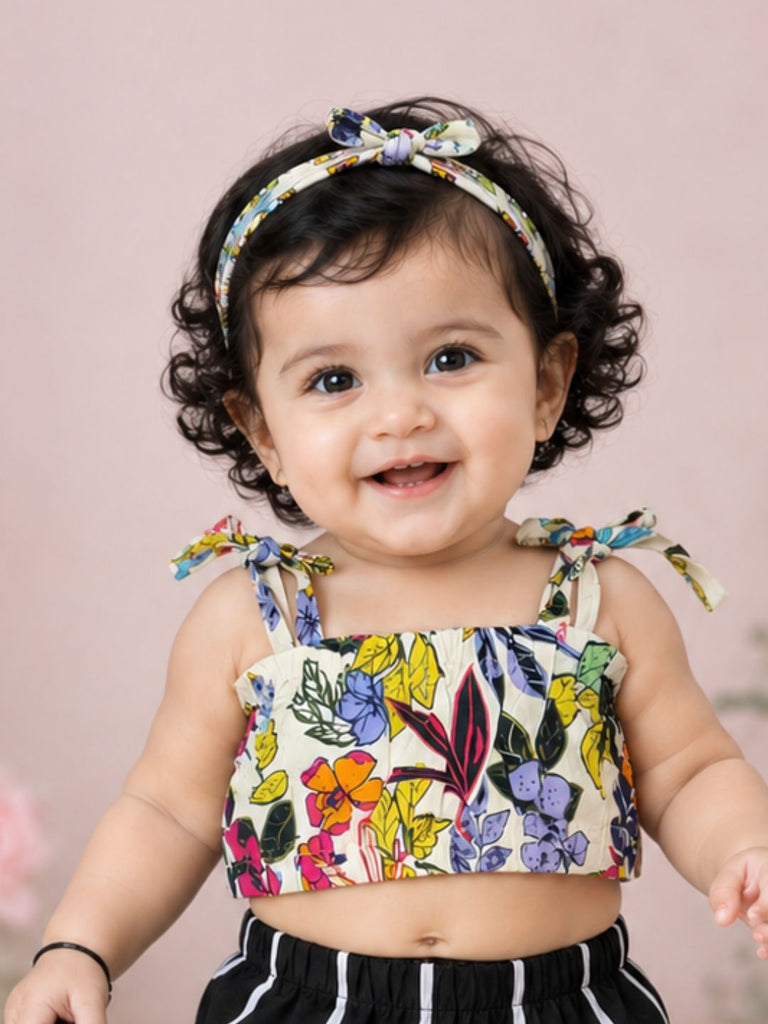 Pspeaches Baby Girl White & Black Ethnic Floral Print Rayon Crop Top With Pant Set