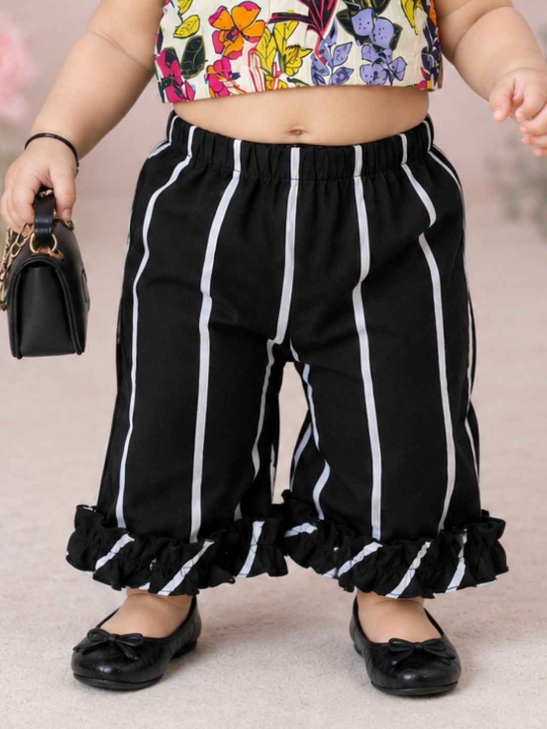 Pspeaches Baby Girl White & Black Ethnic Floral Print Rayon Crop Top With Pant Set