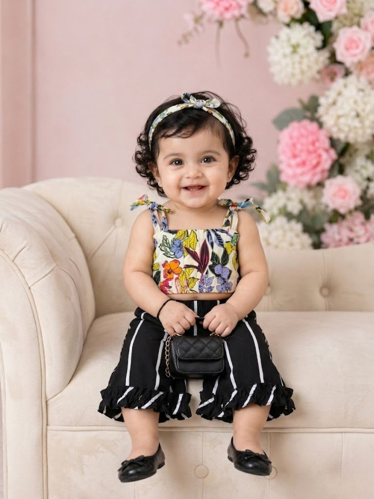 Pspeaches Baby Girl White & Black Ethnic Floral Print Rayon Crop Top With Pant Set