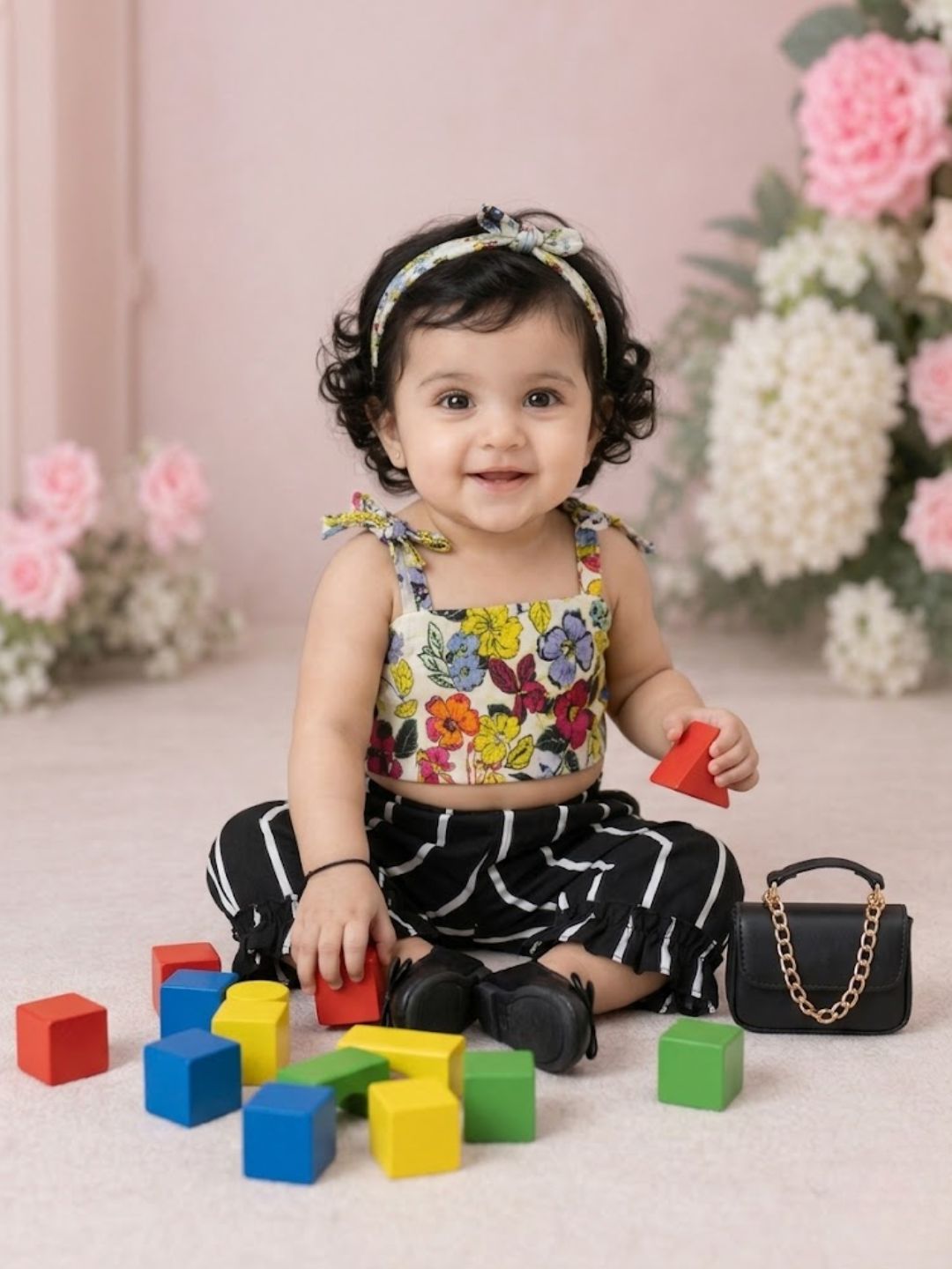 Pspeaches Baby Girl White & Black Ethnic Floral Print Rayon Crop Top With Pant Set