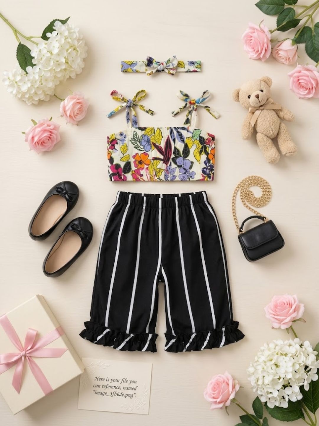 Pspeaches Baby Girl White & Black Ethnic Floral Print Rayon Crop Top With Pant Set