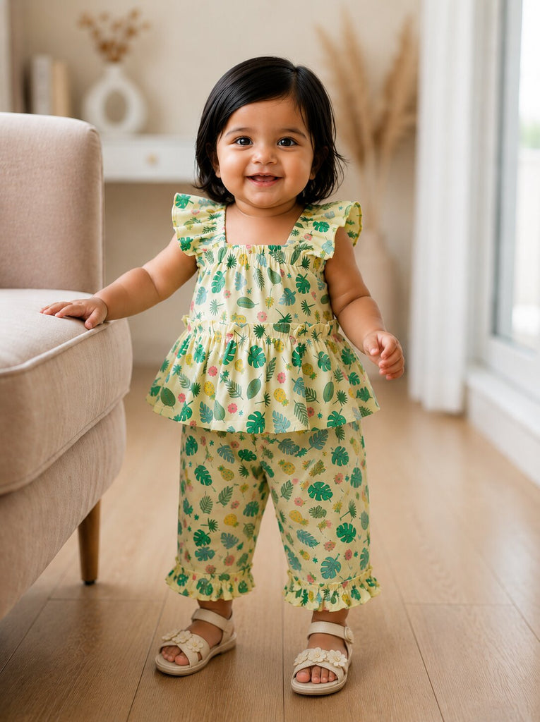 Pspeaches Baby Girl Cream Ethnic Printed Muslin A-Line Top With Pant Set