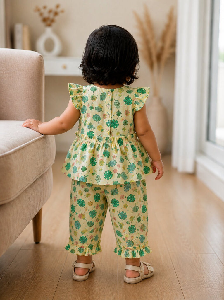 Pspeaches Baby Girl Cream Ethnic Printed Muslin A-Line Top With Pant Set