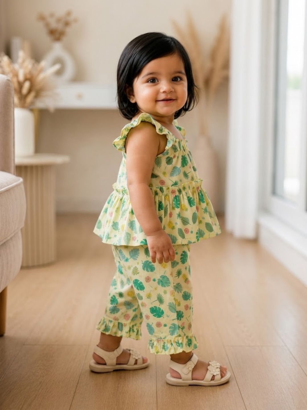 Pspeaches Baby Girl Cream Ethnic Printed Muslin A-Line Top With Pant Set