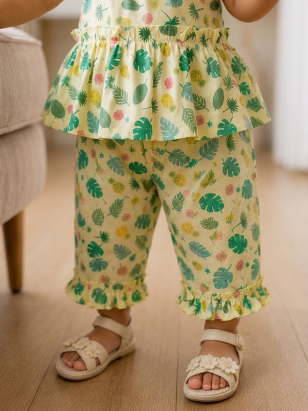 Pspeaches Baby Girl Cream Ethnic Printed Muslin A-Line Top With Pant Set