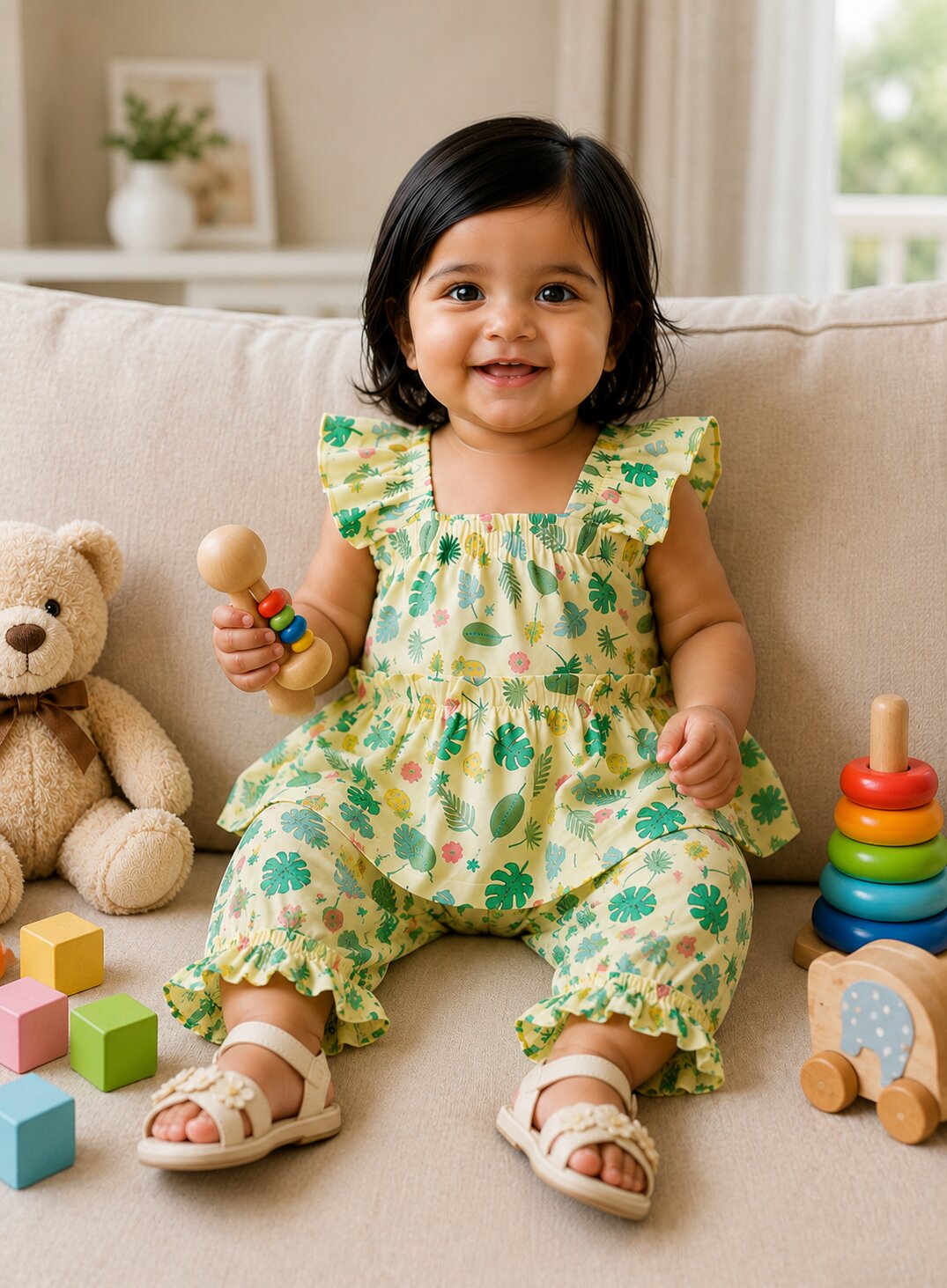 Pspeaches Baby Girl Cream Ethnic Printed Muslin A-Line Top With Pant Set