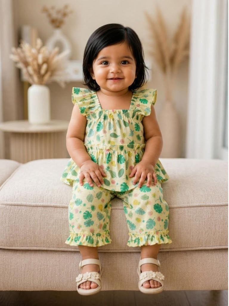 Pspeaches Baby Girl Cream Ethnic Printed Muslin A-Line Top With Pant Set