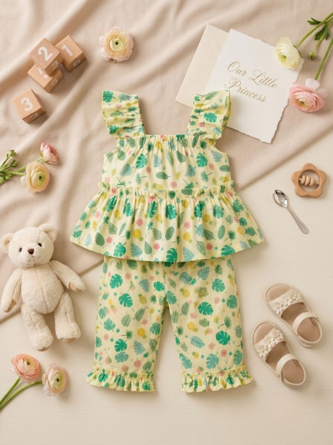Pspeaches Baby Girl Cream Ethnic Printed Muslin A-Line Top With Pant Set