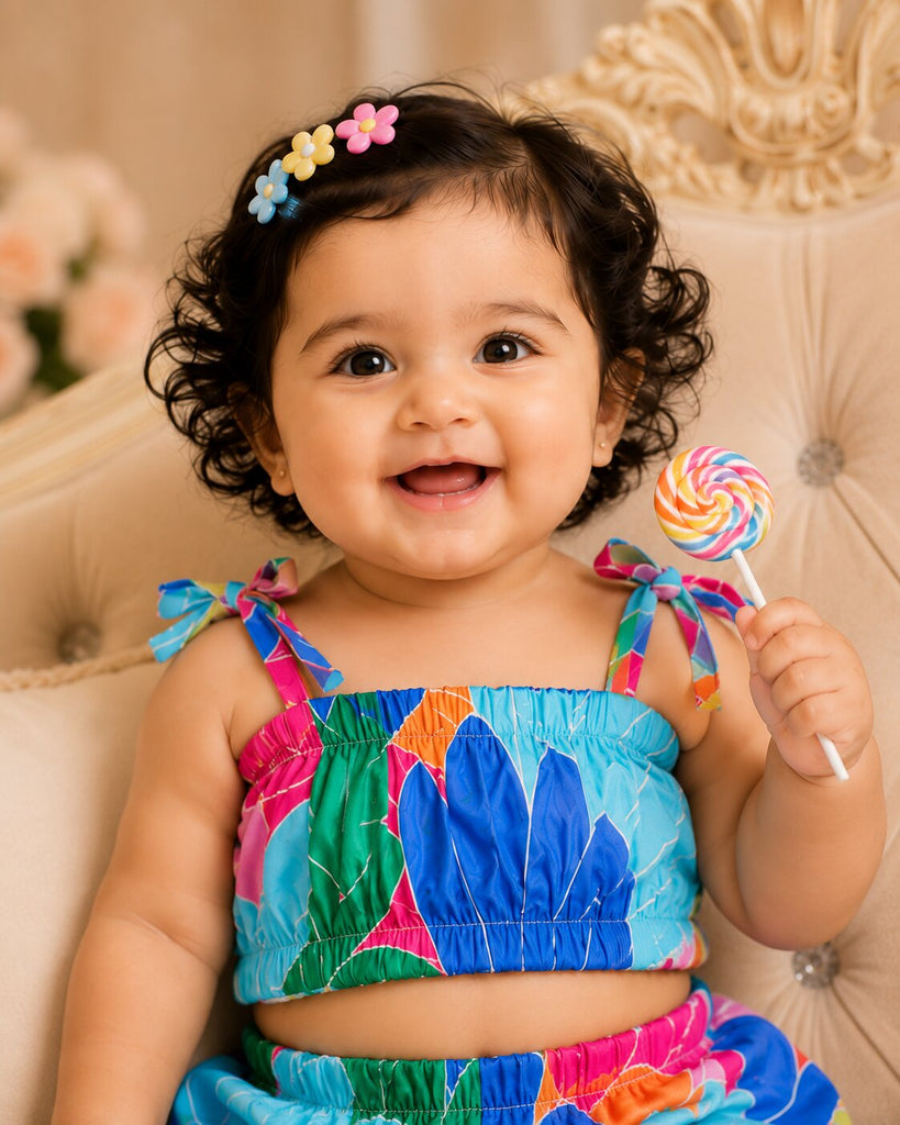 Pspeaches Baby Girl Multi Ethnic Printed Muslin Crop Top With Pant Set