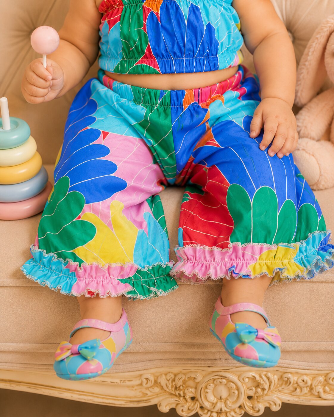 Pspeaches Baby Girl Multi Ethnic Printed Muslin Crop Top With Pant Set