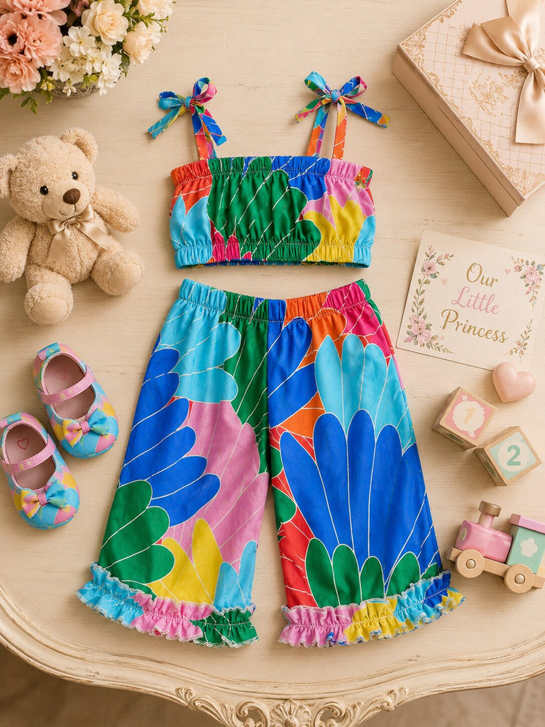 Pspeaches Baby Girl Multi Ethnic Printed Muslin Crop Top With Pant Set