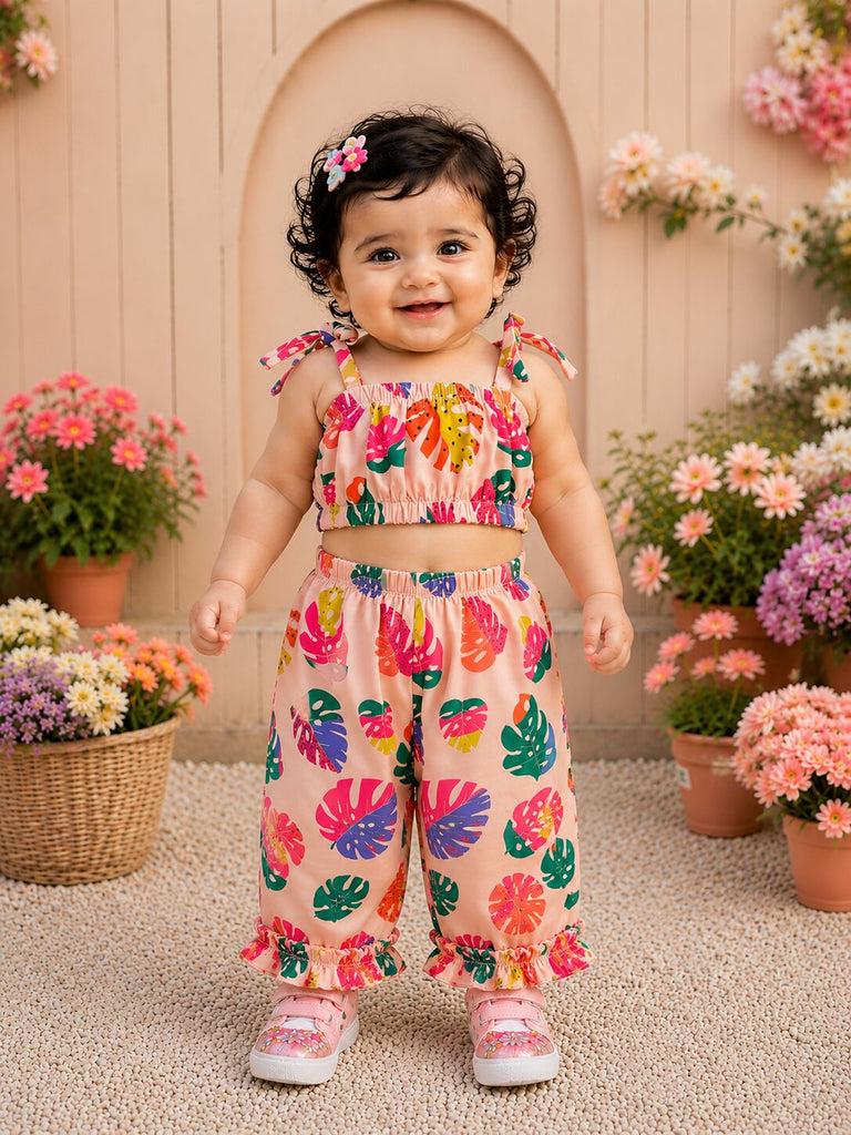 Pspeaches Baby Girl Peach Ethnic Leaf Print Muslin Crop Top With Pant Set
