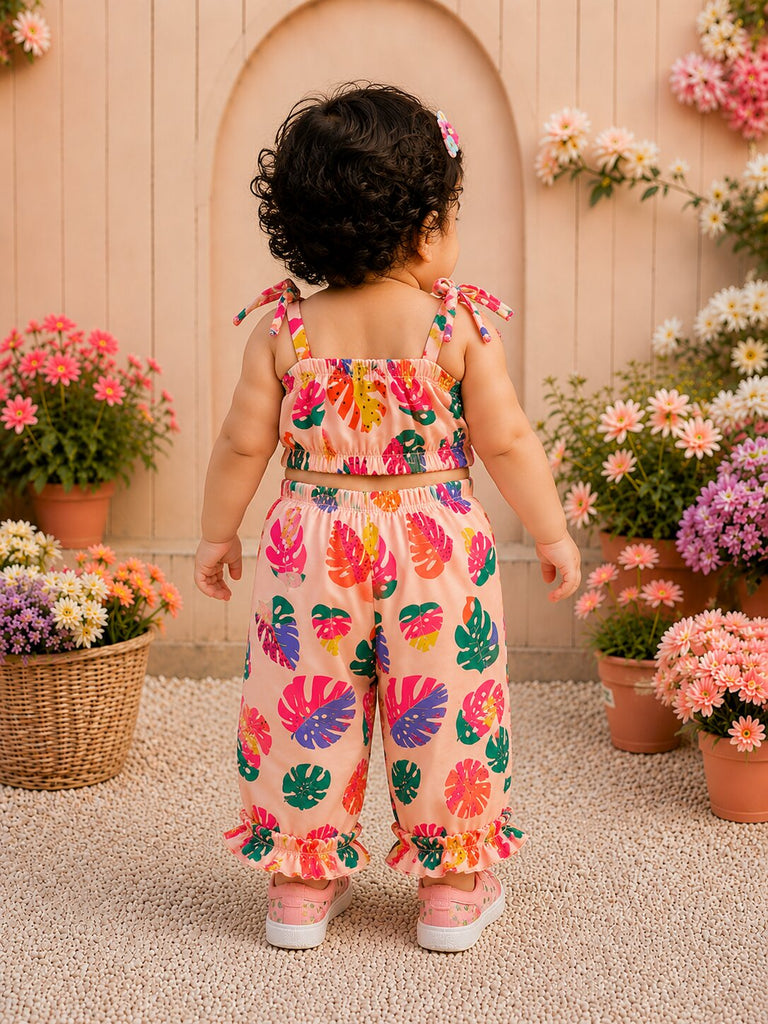 Pspeaches Baby Girl Peach Ethnic Leaf Print Muslin Crop Top With Pant Set