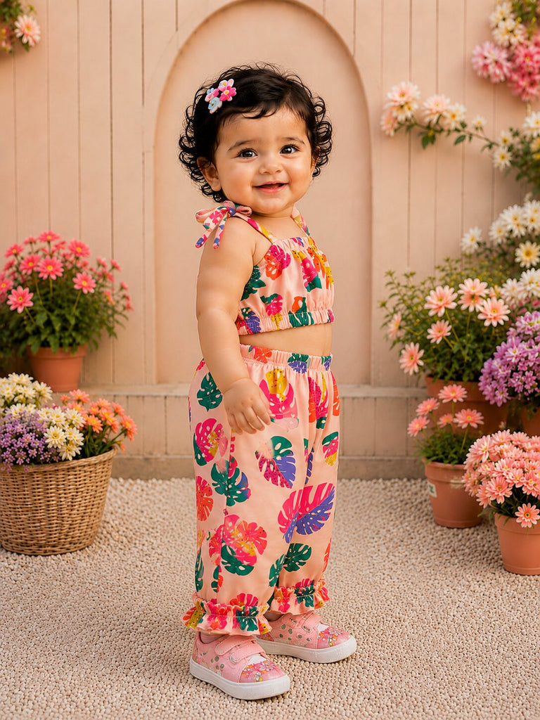 Pspeaches Baby Girl Peach Ethnic Leaf Print Muslin Crop Top With Pant Set