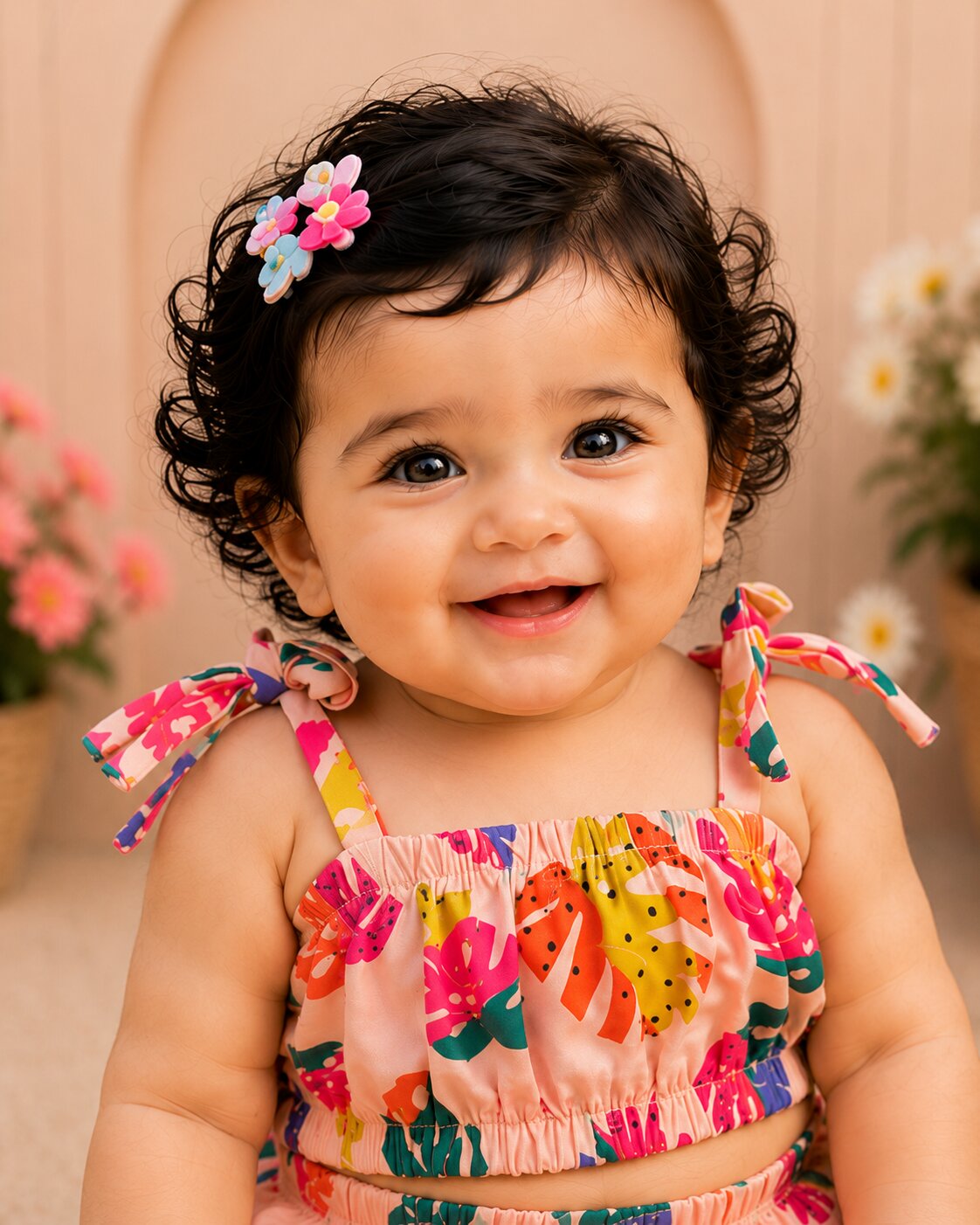 Pspeaches Baby Girl Peach Ethnic Leaf Print Muslin Crop Top With Pant Set