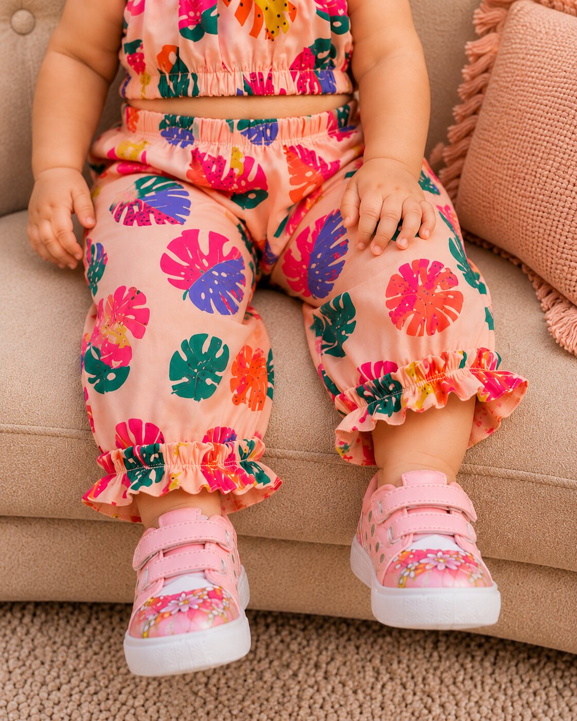 Pspeaches Baby Girl Peach Ethnic Leaf Print Muslin Crop Top With Pant Set