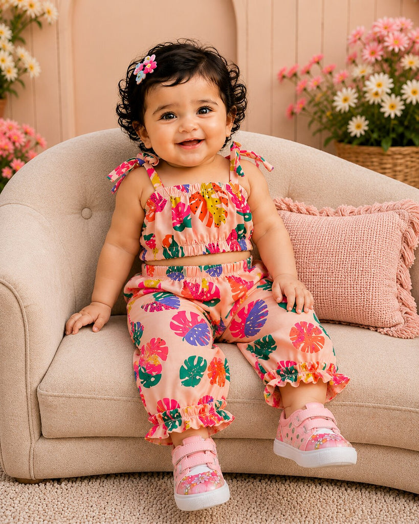 Pspeaches Baby Girl Peach Ethnic Leaf Print Muslin Crop Top With Pant Set