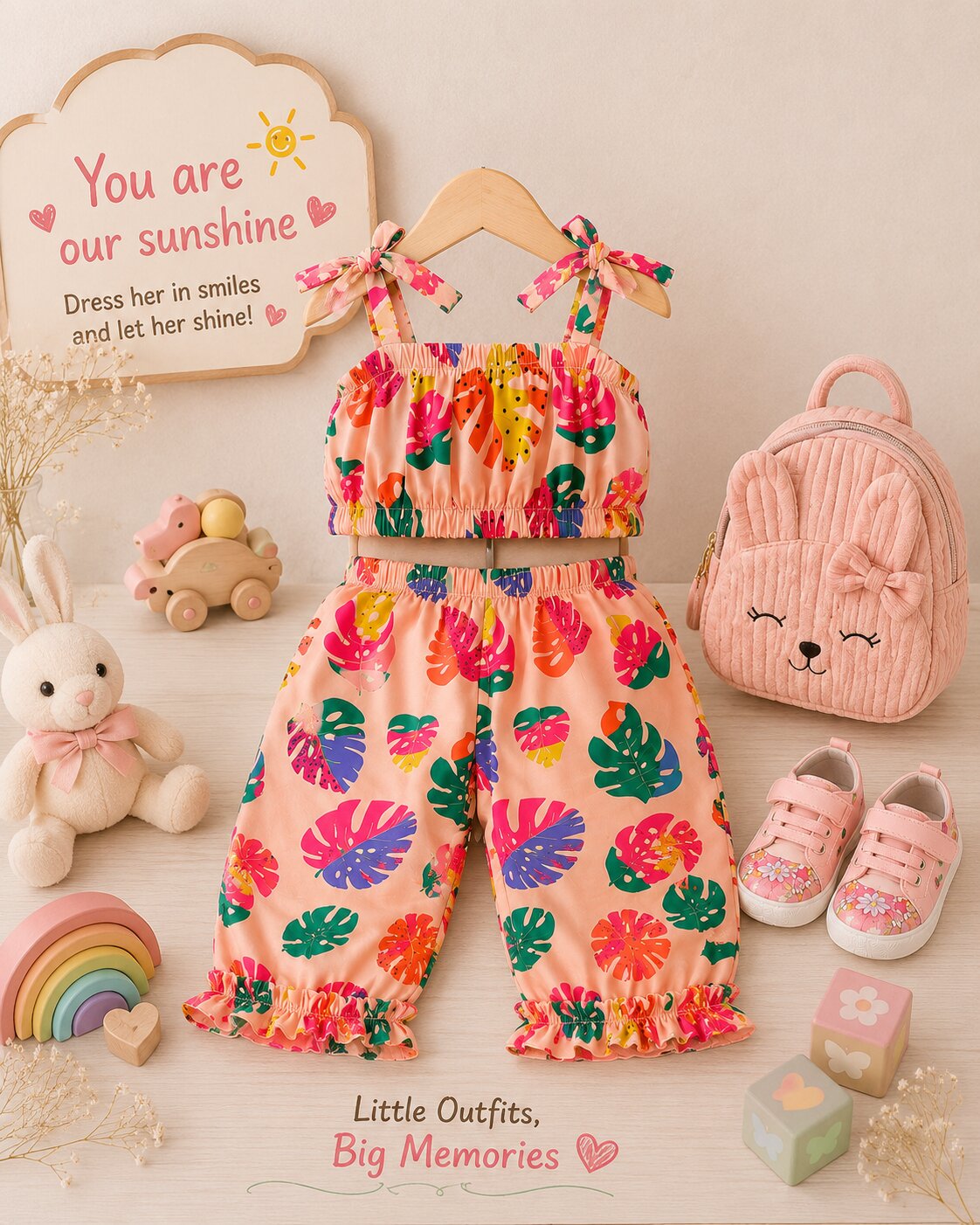 Pspeaches Baby Girl Peach Ethnic Leaf Print Muslin Crop Top With Pant Set