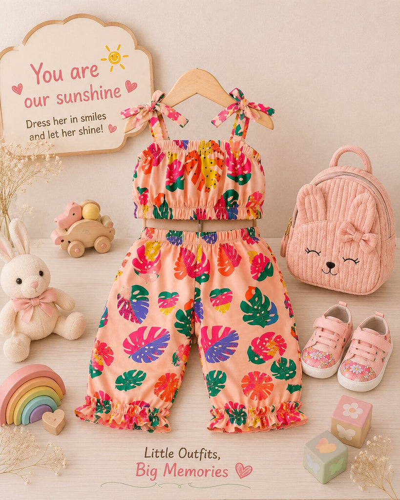 Pspeaches Baby Girl Peach Ethnic Leaf Print Muslin Crop Top With Pant Set