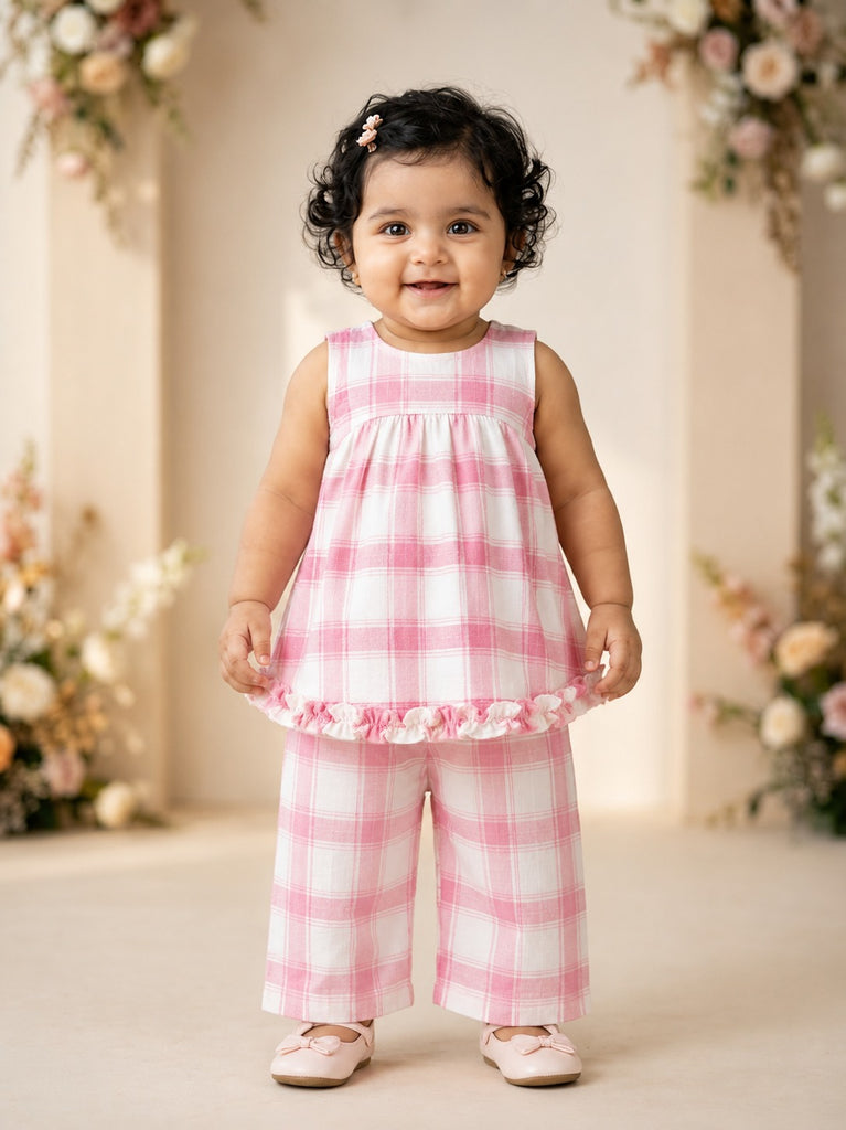 Pspeaches Baby Girl White & Pink Ethnic Printed Cotton A-Line Top With Pant Set