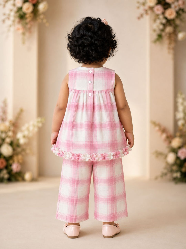 Pspeaches Baby Girl White & Pink Ethnic Printed Cotton A-Line Top With Pant Set