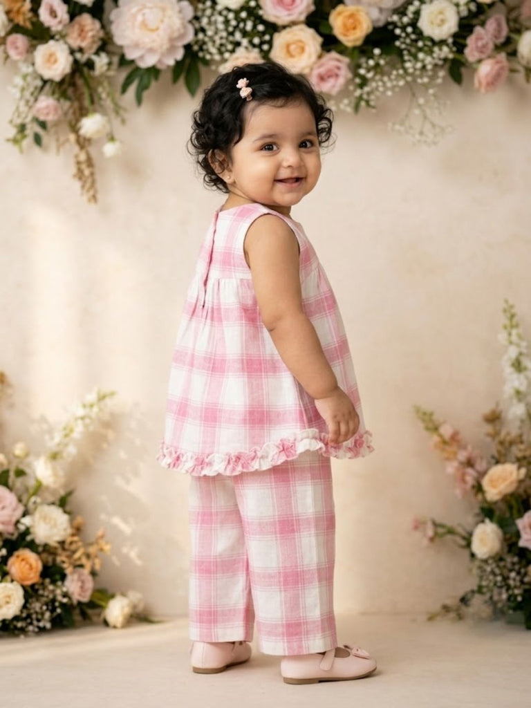 Pspeaches Baby Girl White & Pink Ethnic Printed Cotton A-Line Top With Pant Set