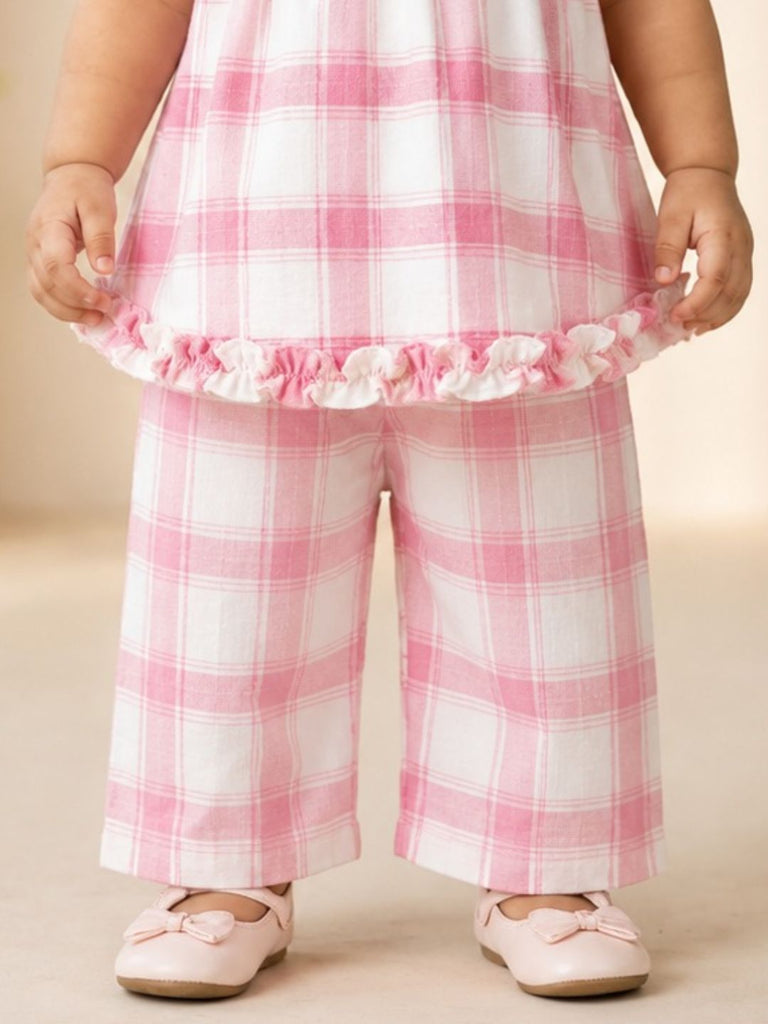 Pspeaches Baby Girl White & Pink Ethnic Printed Cotton A-Line Top With Pant Set
